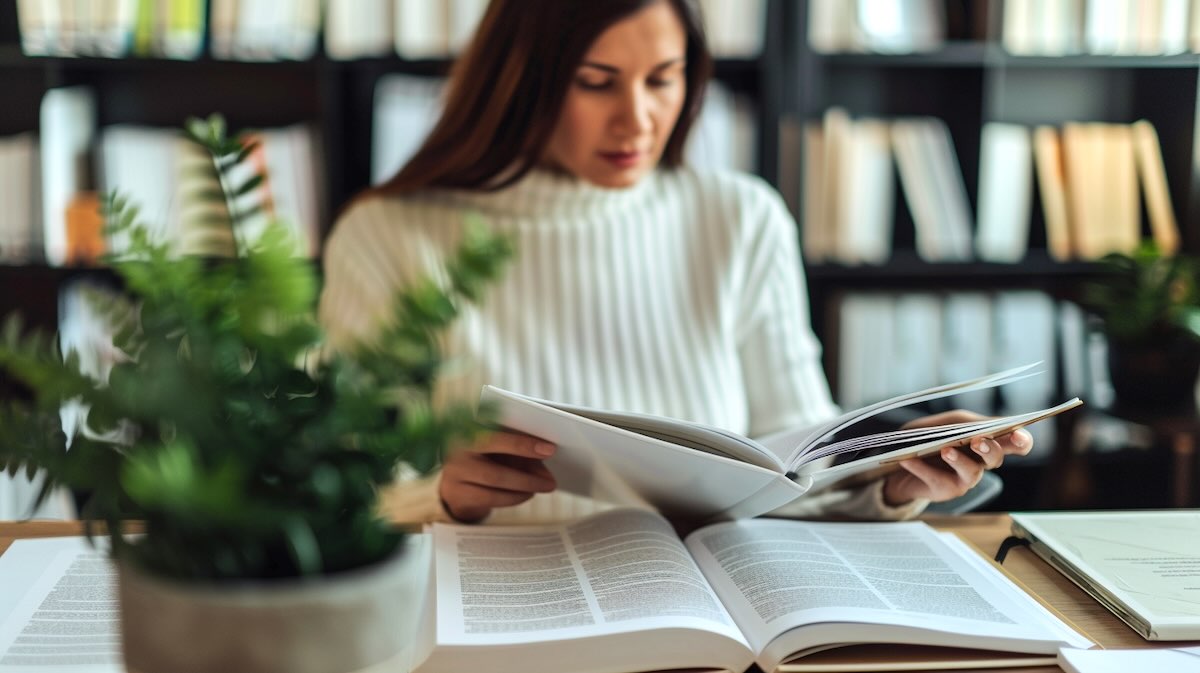 een vrouw met donker haar leest een boek in a4 formaat aan een tafel vol boeken en op de achtergrond een boekenkast.