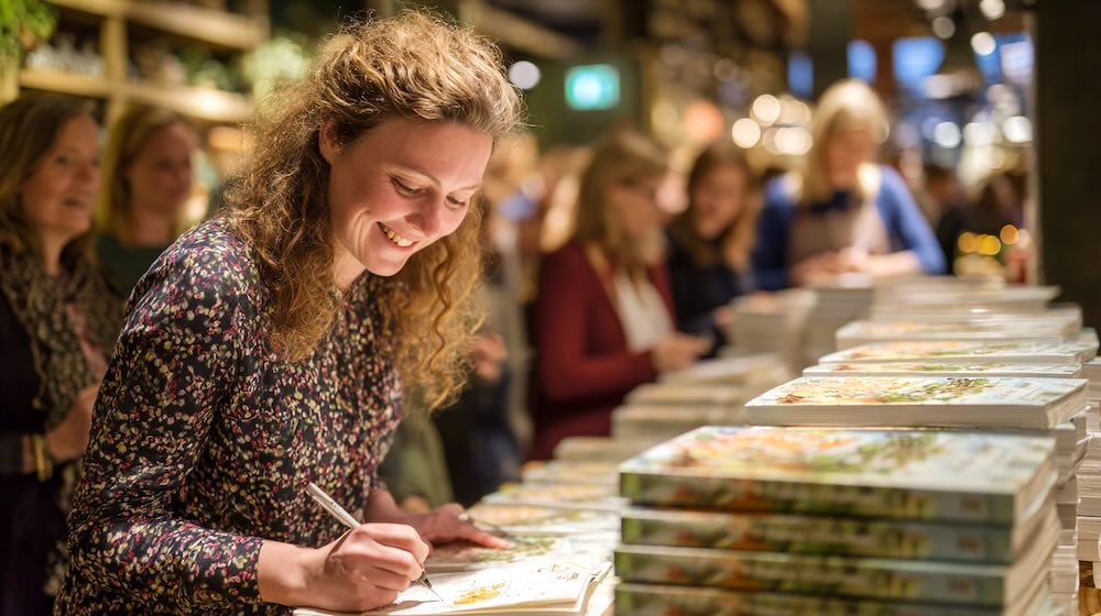 een vrouw met gekruld haar en een pen in haar hand signeert een boek van a4 formaat