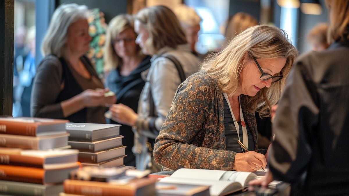 een vrouw met donkerblond haar en een zwarte bril signeert een boek die zij heeft laten drukken