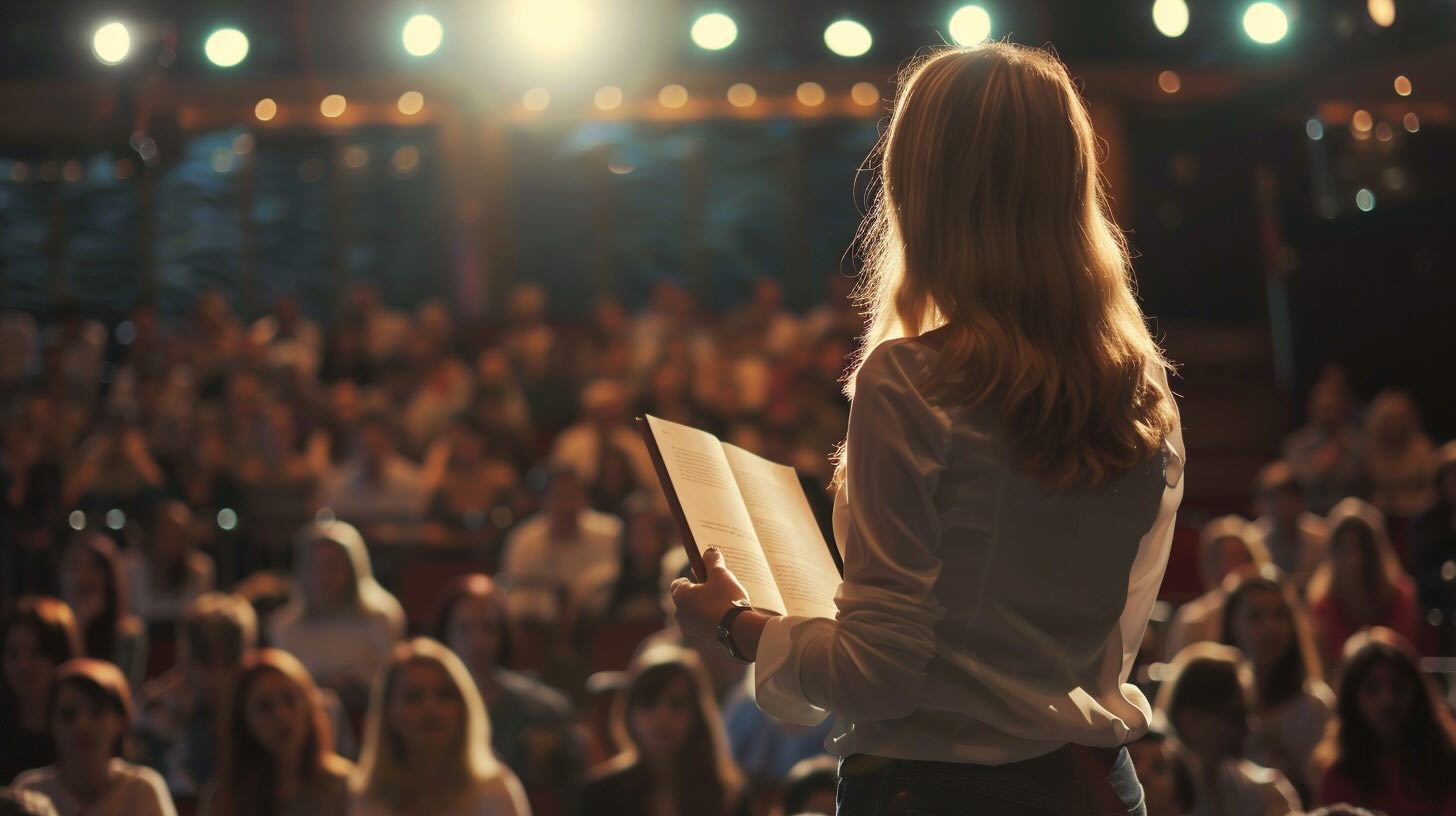 een vrouw met blond haar en een witte blouse heeft haar boek laten drukken en geeft nu een lezing van haar eigen boek in een zaal vol mensen.