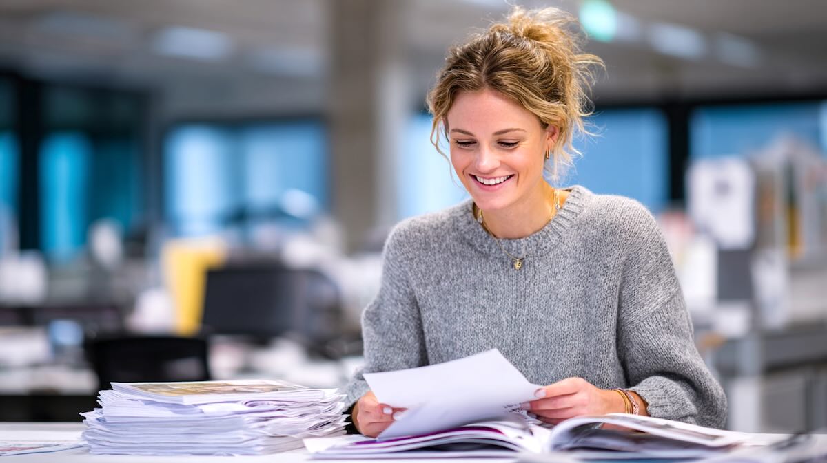 een vrouw met gekruld donkerblond haar checkt de typografie en leesbaarheid van een boek in een kantoorruimte