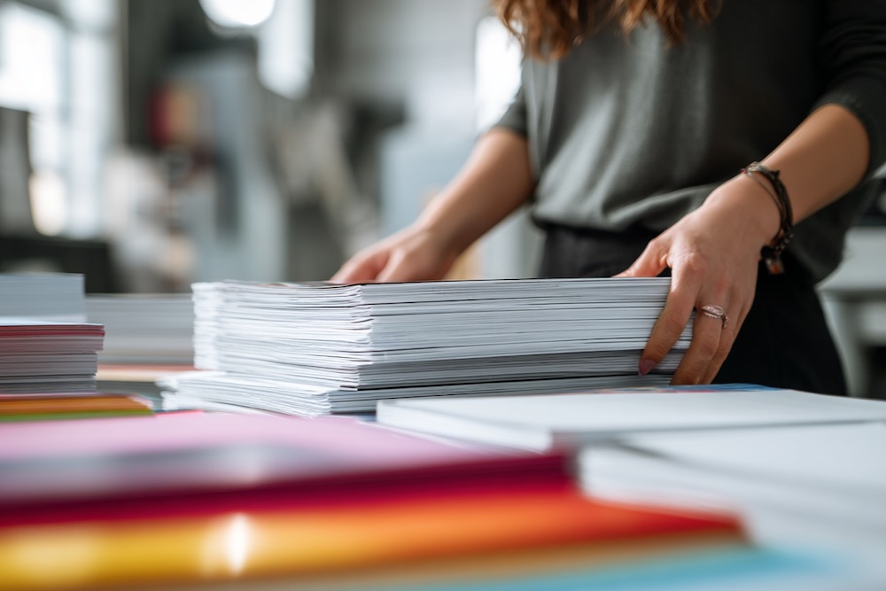 een vrouw heeft een stapel papier in haar handen en vergelijkt a4 formaat met andere boekformaten in een winkel.