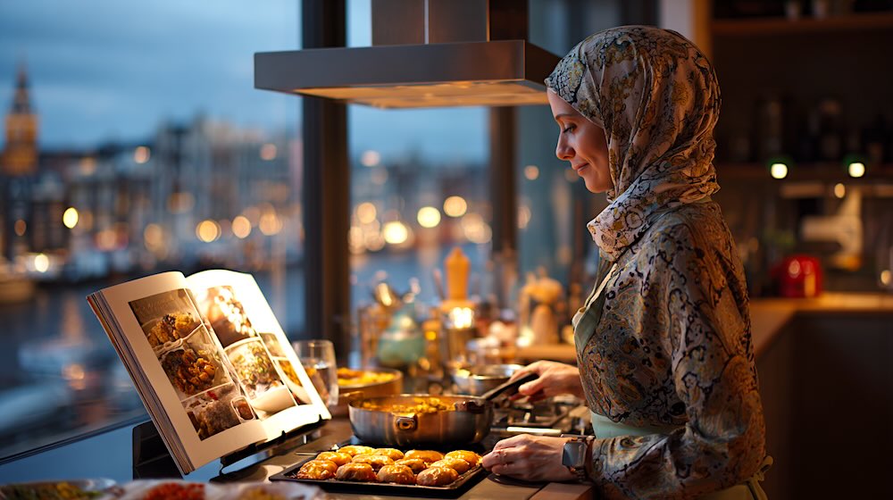 Islamitische vrouw kookt met kookboek in moderne keuken in Nederland