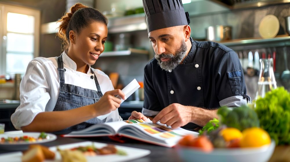 Koks willen een kookboek maken en bespreken recepten in de keuken met eten op de keukentafel.