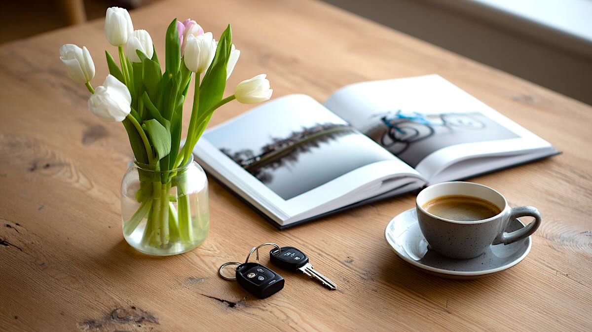 boek in a4 formaat Platliggend op een houten tafel bij een raam van een Amsterdamse gracht, een vaas met tulpen op tafel, Nederlandse koffie, fietssleutels, strakke minimalistische styling, fotorealistische productfoto