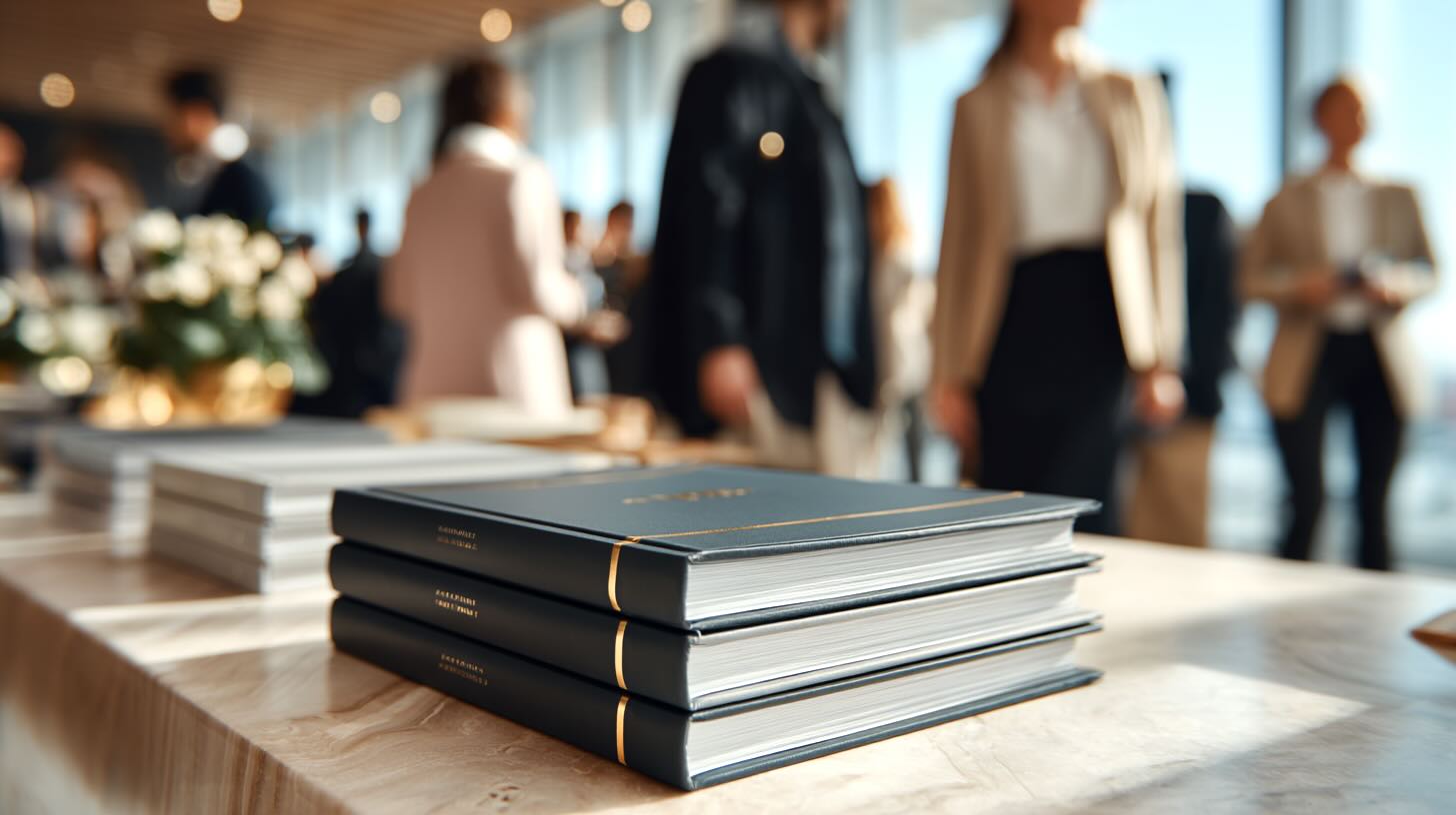 een boekpresentatie van zakelijke boeken in b5 formaat die liggen op een exclusief plateau in bedrijfsruimte in Nederland. Mensen op de achtergrond.