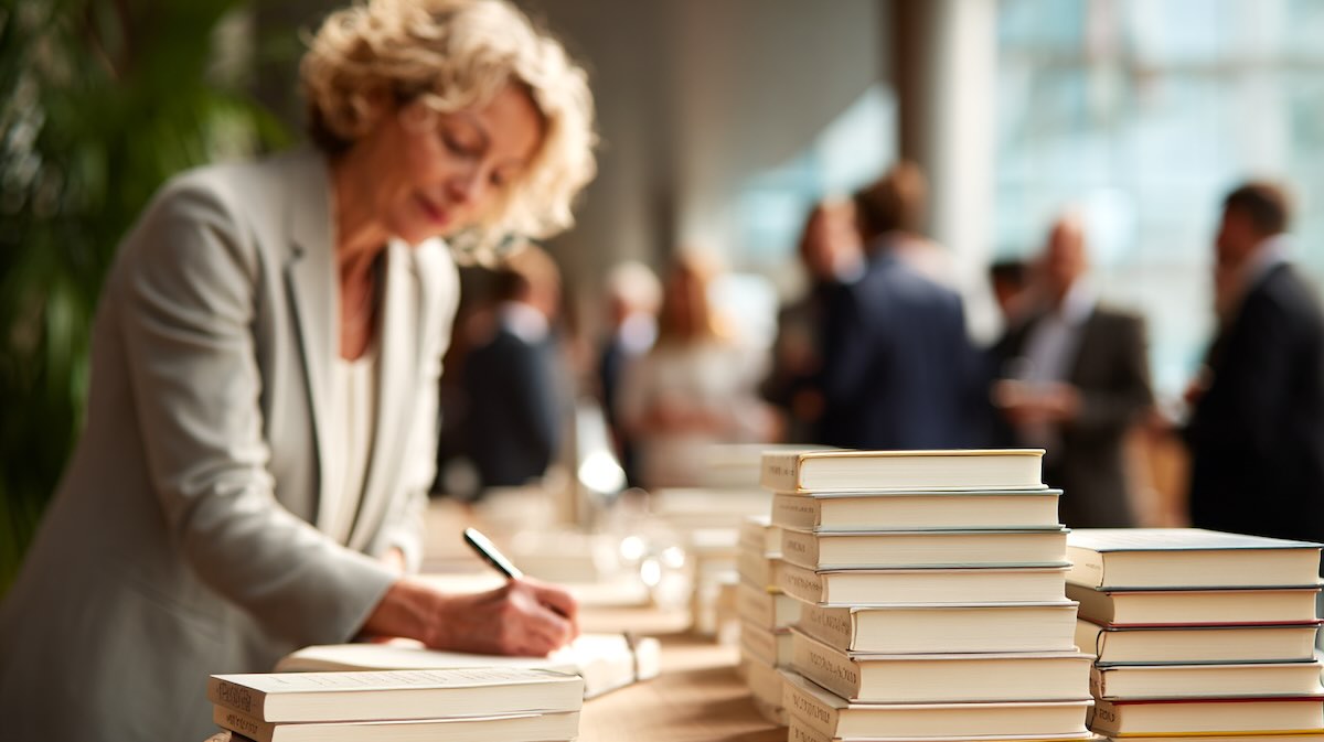 een blonde vrouw signeert een boek in b5 formaat die tussen andere boeken liggen. op de achtergrond mensen in een zakelijke omgeving in Nederland