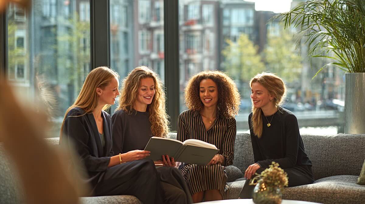 vier vrouwen zitten op de bank en houden een boek vast in b5 formaat in een bedrijfsruimte in Nederland