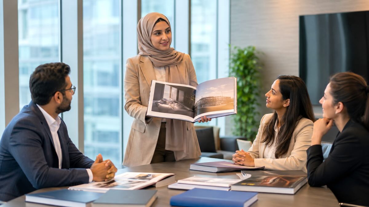 Vrouw presenteert boek aan collega's.