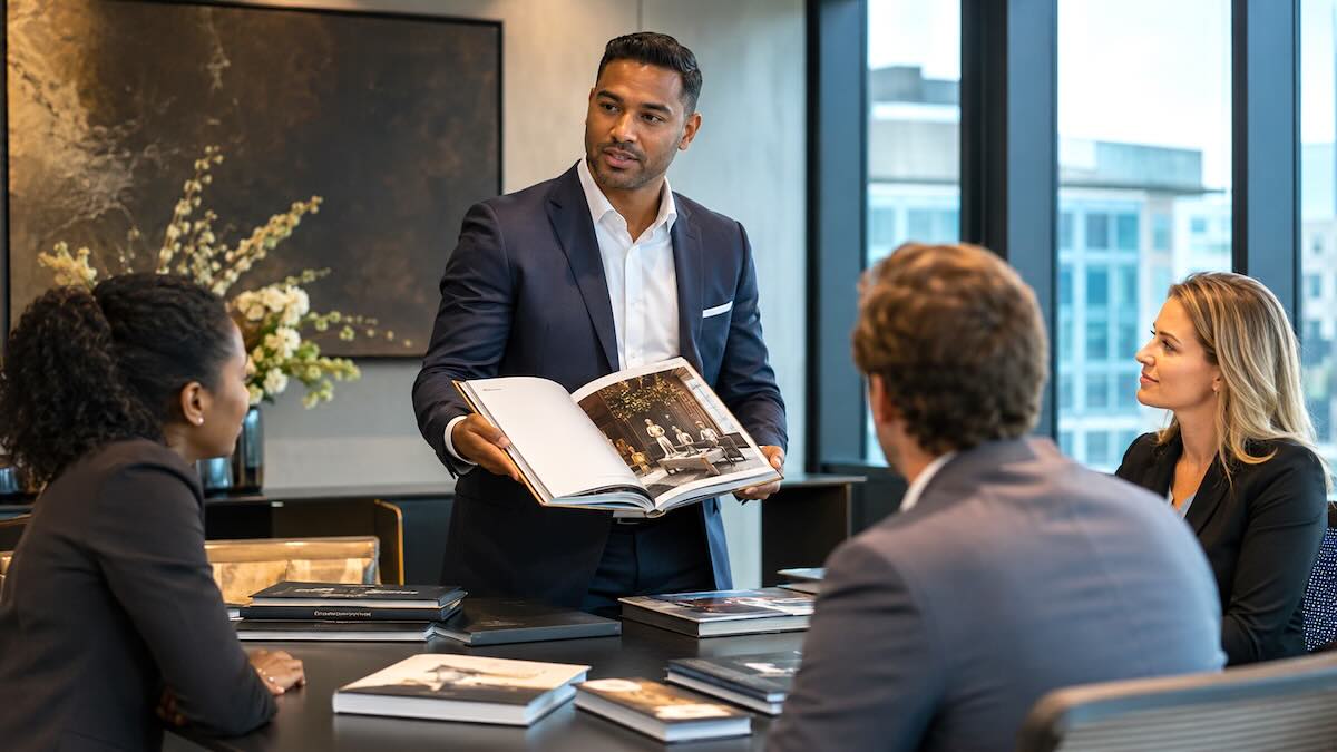 Man presenteert koffietafelboek aan collega's.